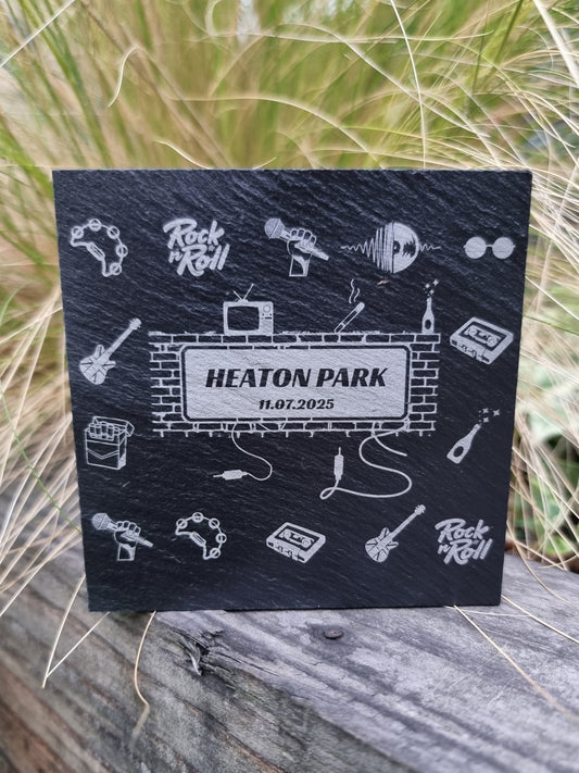 Laser engraved slate coaster with Oasis-inspired design featuring Union Jack guitar, champagne bottle, and cassette player – personalised concert keepsake gift