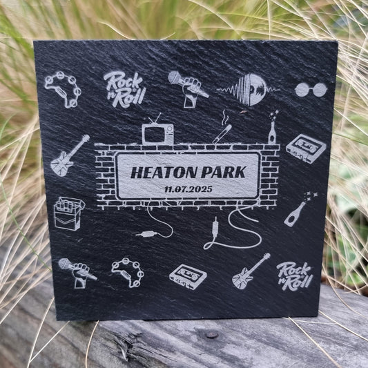Laser engraved slate coaster with Oasis-inspired design featuring Union Jack guitar, champagne bottle, and cassette player – personalised concert keepsake gift