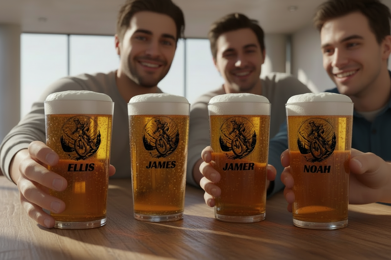 Clear glass with a black and white graphic of a cyclist and the personalised name