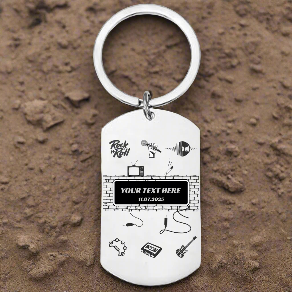 Personalised stainless steel keyring inspired by Oasis music, engraved fan gift with option to add custom message on the back.