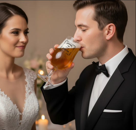 Groom in black tie drinking from a personalised wedding beer glass while bride looks on ā showing the custom name and role design on a stemmed tulip glass