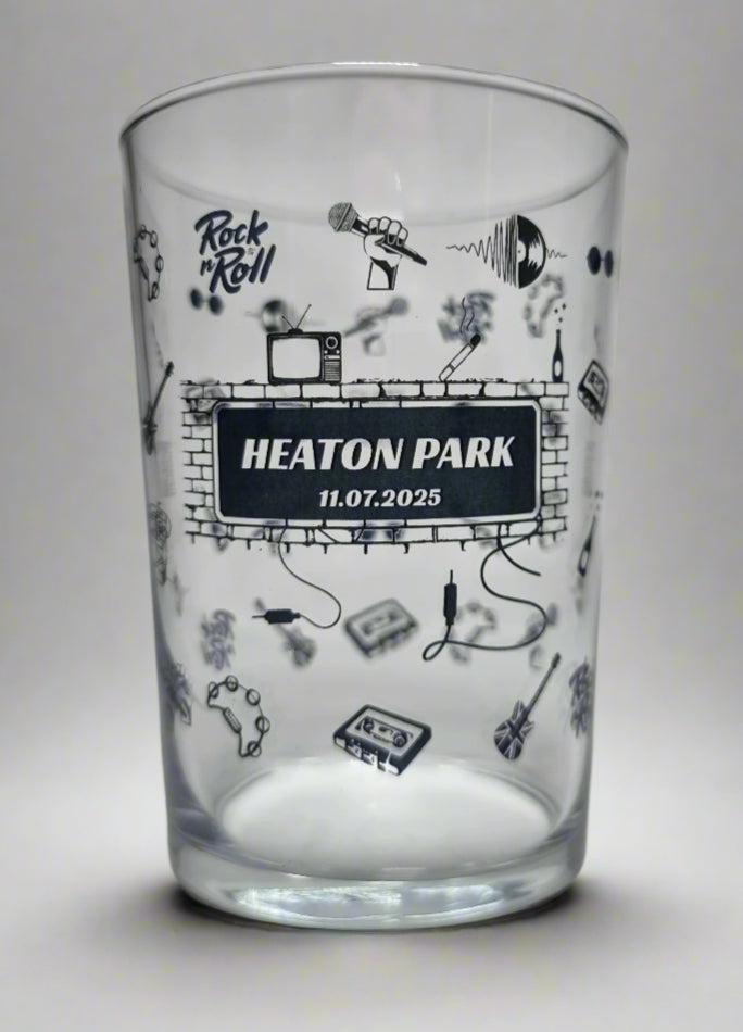 Personalised 18oz beer glass with Oasis - themed design featuring Union Jack guitar, champagne bottle, and cassette player – perfect gift for Britpop and music fans, Heaton Park