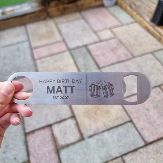 Personalised Beer Birthday Bar Blade, Custom Engraved Bottle Opener, 18th, 21st, 30th, 40th, 50th Birthday Gift Kitchen Utensils First Glass Designs
