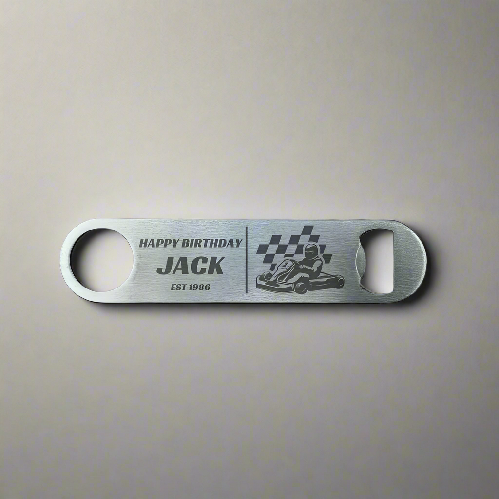 Personalised Go Karting Bar blade bottle opener, gift for go karting lover, birthday 18th 21st 30th 40th 50th kitchen utensils