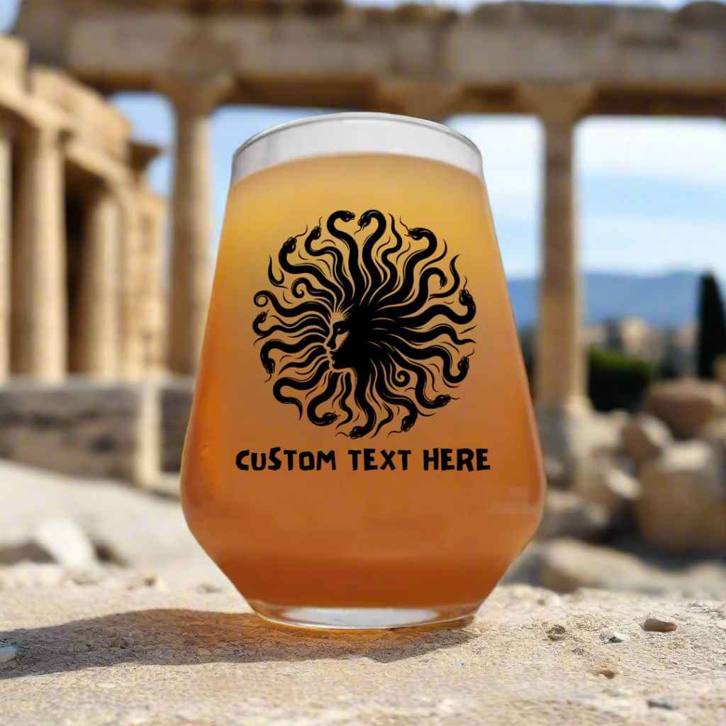Personalised Medusa Beer Glass with Snake Hair Silhouette – Greek Mythology Gorgon Pint Glass Gift