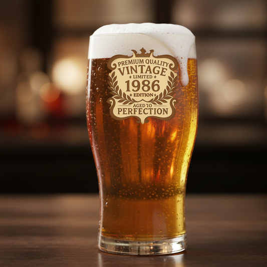 Personalised birthday beer glass with "Aged to Perfection - 1986" custom
year engraving, filled with golden amber beer and white foam head,
displayed against blurred bar background
