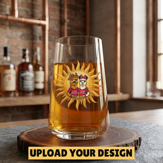 Personalised highball glass with custom uploaded circular design on wooden stand, unique beer and cocktail gift