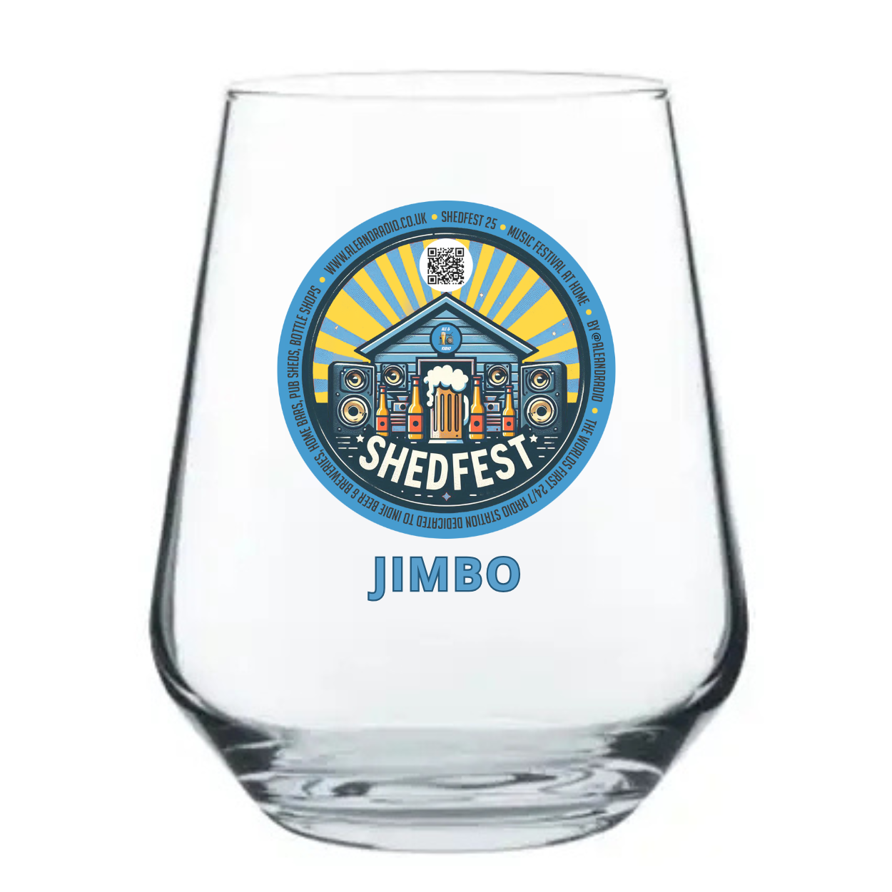 Personalised Shed Fest 25 beer glass with back garden music festival design, custom name option, shown with engraved slate coaster and stainless steel bottle opener. August Bank Holiday Weekend
