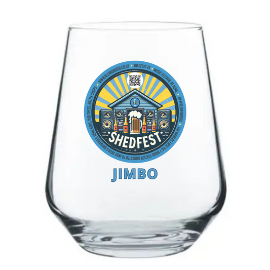 Personalised Shed Fest 25 beer glass with back garden music festival design, custom name option, shown with engraved slate coaster and stainless steel bottle opener. August Bank Holiday Weekend