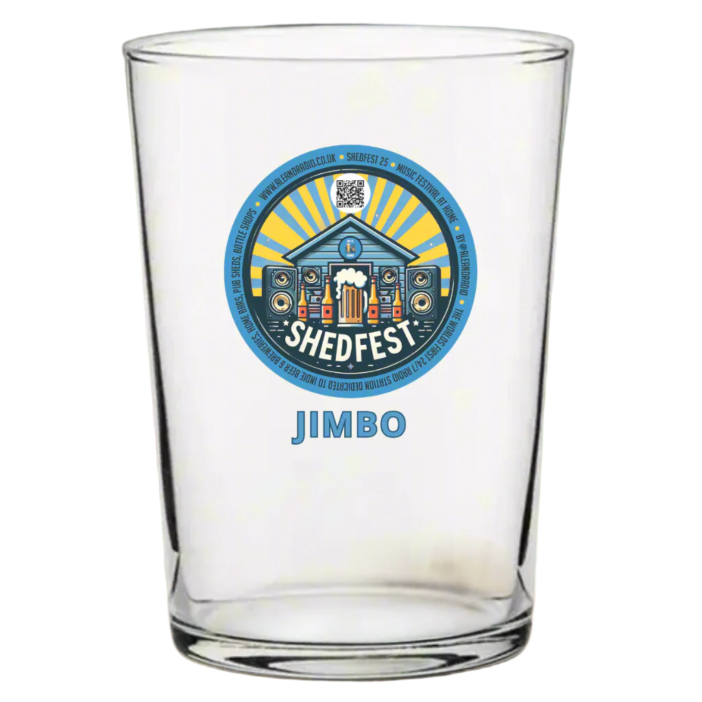 Personalised Shed Fest 25 beer glass with back garden music festival design, custom name option, shown with engraved slate coaster and stainless steel bottle opener. August Bank Holiday weekend 2025