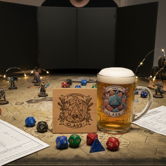 Personalised Dungeons & Dragons Pint Glass – D&D Dice - Ink Printed | Custom Text & Optional Bamboo Coaster