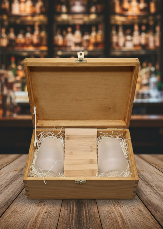 Personalised Wooden Gift Box with 2 Bamboo Coasters & Custom Glassware – Upload Your Own Design