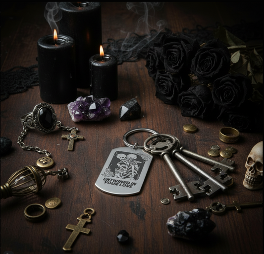 Entwined in Your Love Stainless Steel Keyring – Romantic Skeleton Keychain – Unique Couple Gift, Gothic Love Accessory, Laser Engraved Metal Keyring First Glass Designs