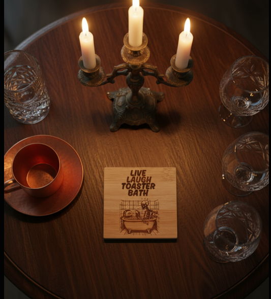 Live Laugh Toaster Bath Bamboo Coaster – Laser Engraved Dark Humor Coaster with Skeleton in Bathtub – Funny Goth Gift, Emo Decor, Sarcastic Drink Coaster First Glass Designs