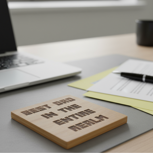 Personalised square bamboo coaster engraved with “Best Dad in the Entire Realm” in a blocky pixel-style Minecraft-inspired font, natural wood finish with laser-etched design, gaming gift for dads, perfect for Father’s Day or birthday.