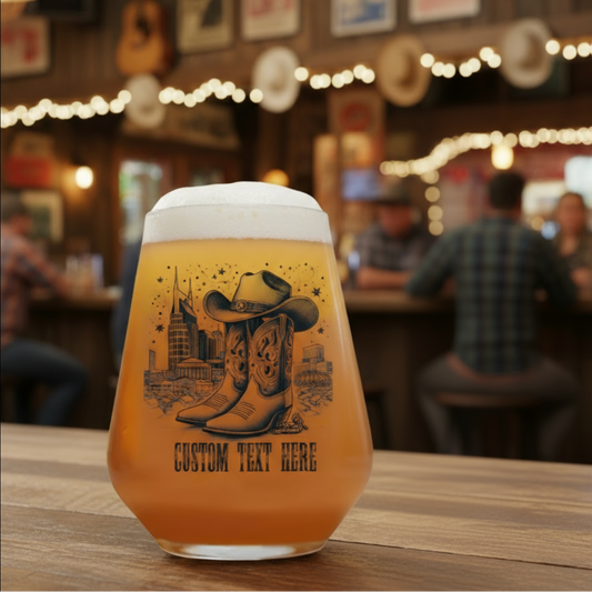 Personalised Nashville Skyline Country & Western Glass – Ink Printed, Dishwasher Safe | Custom Text | Optional Matching Bamboo Coaster First Glass Designs