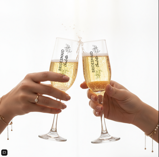 Personalised Stemmed Champagne Glass — Bridal Party Wedding Gift First Glass Designs