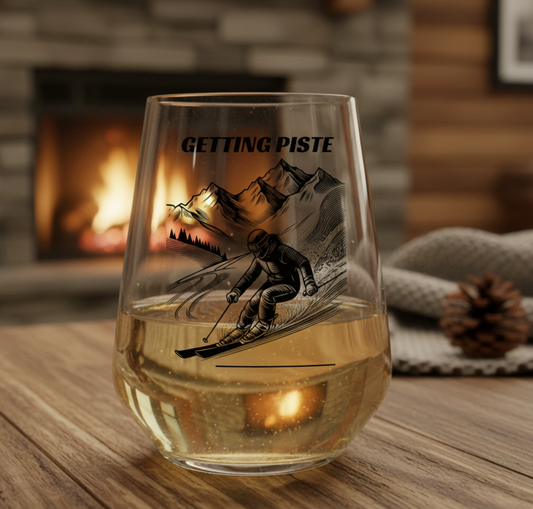 Getting Piste Wine Glass | Personalised Skiing Gift Stemless UK First Glass Designs