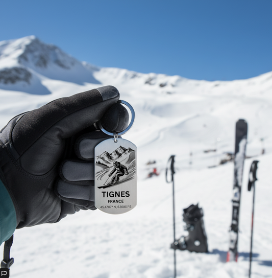 Tignes Skiing Keyring | Personalised French Alps Gift UK First Glass Designs