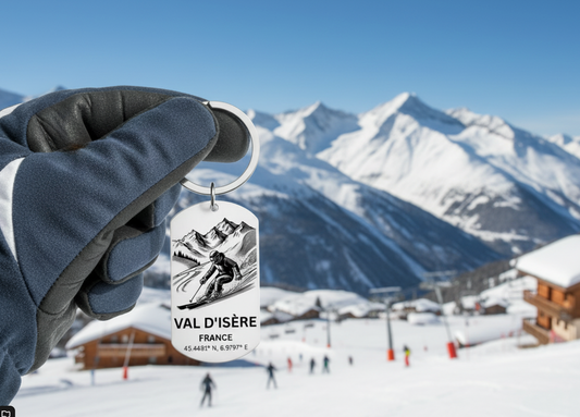 Val d'Isère Skiing Keyring | Personalised French Alps Gift UK First Glass Designs