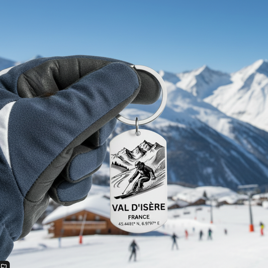 Val d'Isère Skiing Keyring | Personalised French Alps Gift UK First Glass Designs