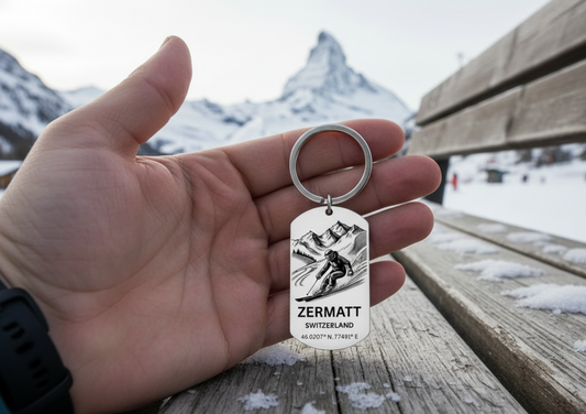 Zermatt Skiing Keyring | Personalised Matterhorn Gift Swiss Alps UK First Glass Designs