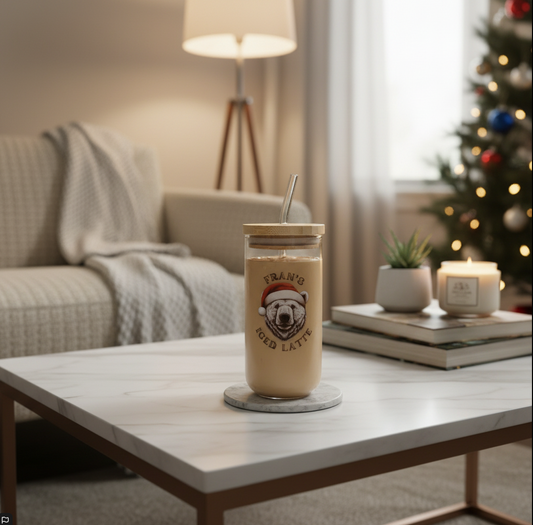 Personalised Christmas - Animal Themed Glass Can - 550ml Reusable Iced Coffee Cup with Lid & Straw - Perfect Secret Santa or Stocking Filler Gift First Glass Designs