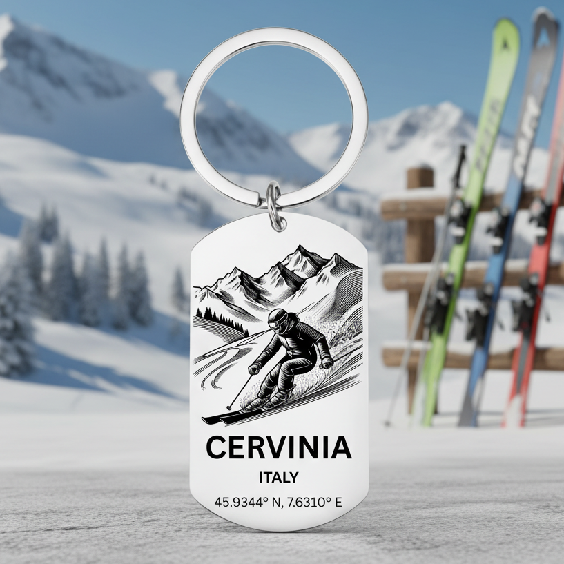 Cervinia skiing keyring Italy with mountain skier design GPS coordinates laser engraved stainless steel