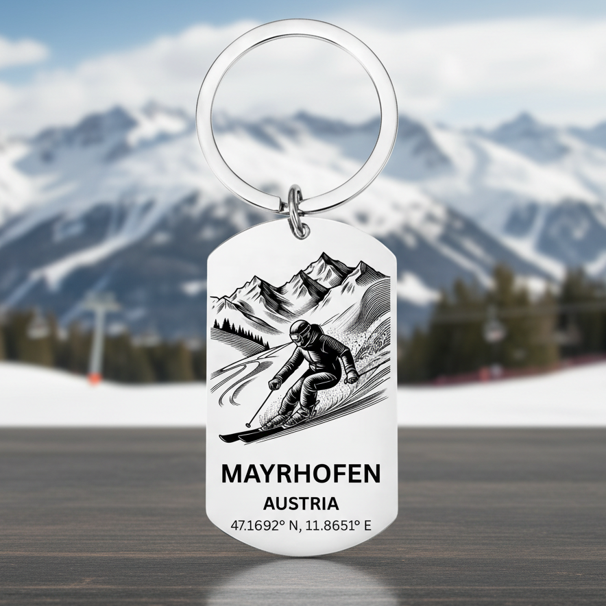 Mayrhofen skiing keyring Austria with mountain skier GPS coordinates Zillertal laser engraved stainless steel