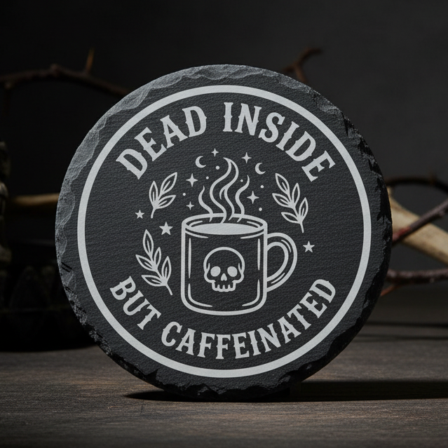 Laser engraved slate coaster with skulls, coffee cups and the text “Dead Inside But Caffeinated”.