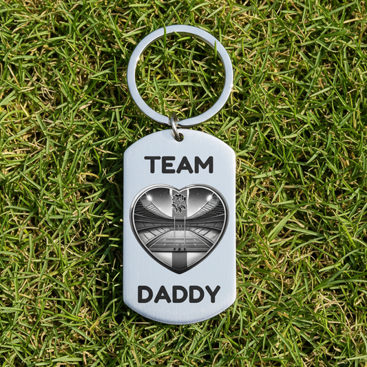 Team Daddy personalised stainless steel dog tag keyring featuring England rugby stadium heart design with St George cross and rose detail on white background, personalised Father's Day gift for rugby dads with custom engraving available on reverse