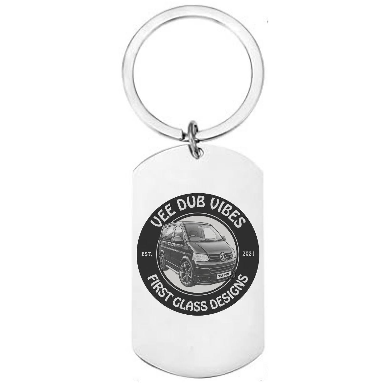 Personalised VW T5 T6 Crafter Camper Keyring – Custom Engraved Text, Date & Registration Plate with Optional Message