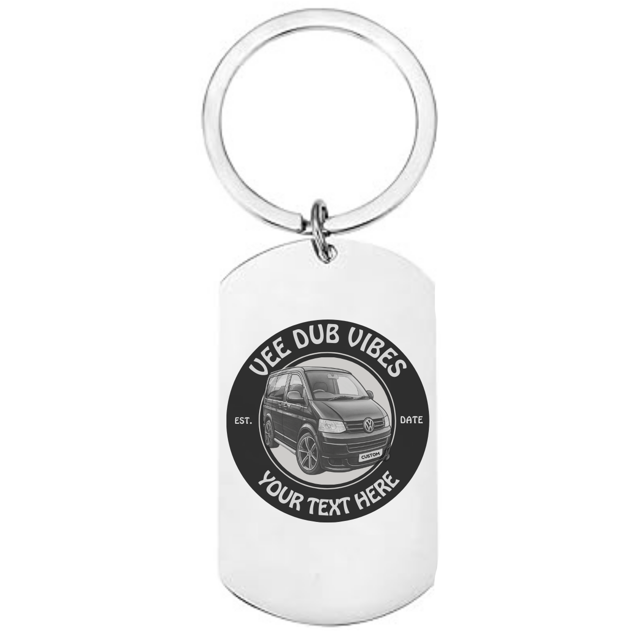 Personalised VW camper stainless steel keyring engraved with custom text, date, and registration plate, with optional message on the back – gift for van owners and enthusiasts