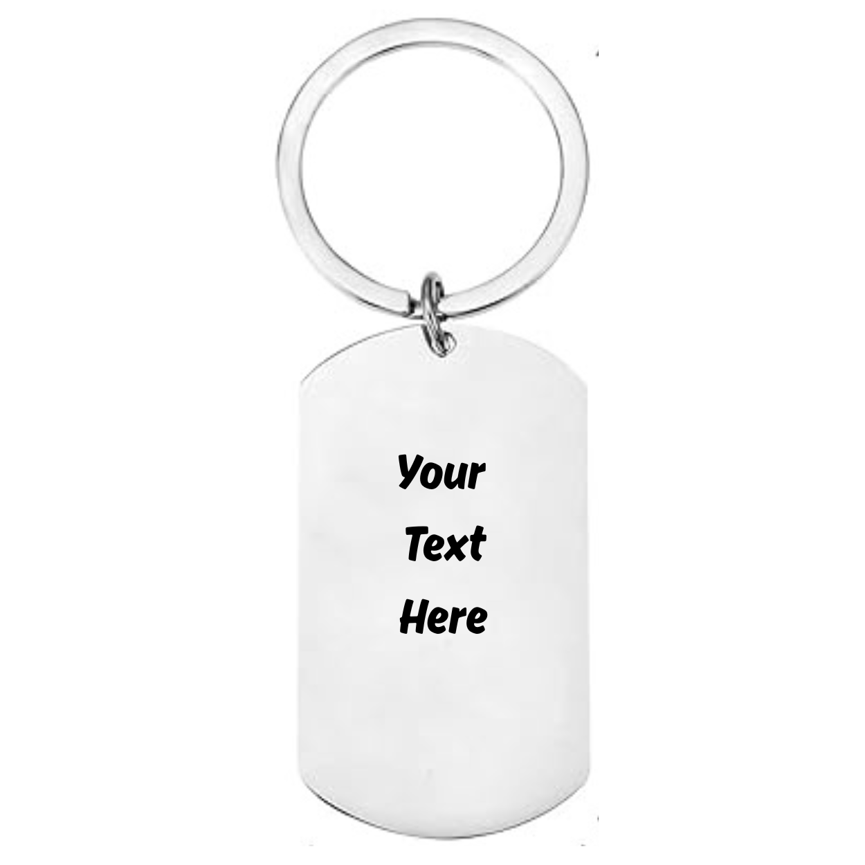 White keychain with 'Your Text Here' text on a white background
