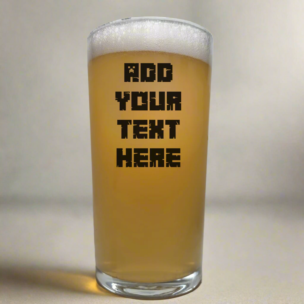 Customisable pint beer glass with bold gaming font – add your own ink printed text – perfect dishwasher-safe gift for gamer dads