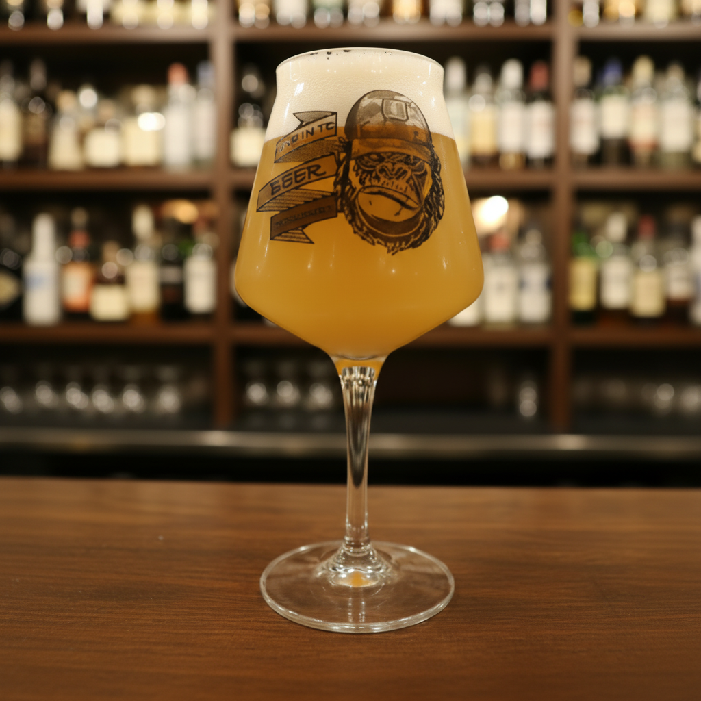 Beer glass with a logo on a bar counter with blurred bottles in the background
