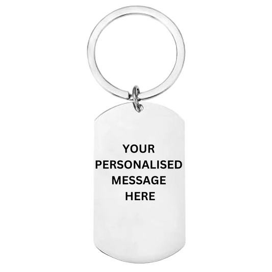 White keychain with space for a personalized message on a white background