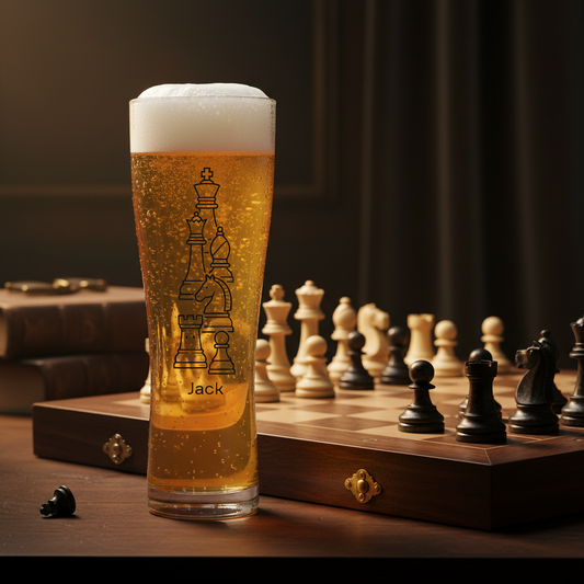 A frosted glass beer pint with a chess-piece graphic and the name 'Jack' printed on it, filled with golden beer and topped with white foam, set on a wooden table beside a chessboard.