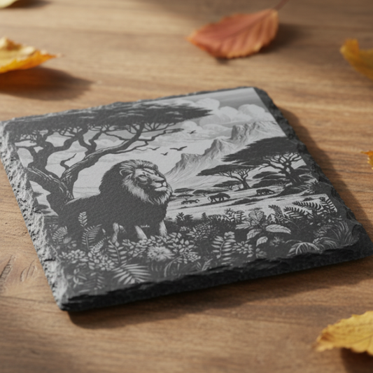 Personalised slate or bamboo coaster featuring a highly detailed engraved lion design, natural texture with intricate linework, perfect for animal lovers, wildlife-themed gift, or unique home décor accessory.