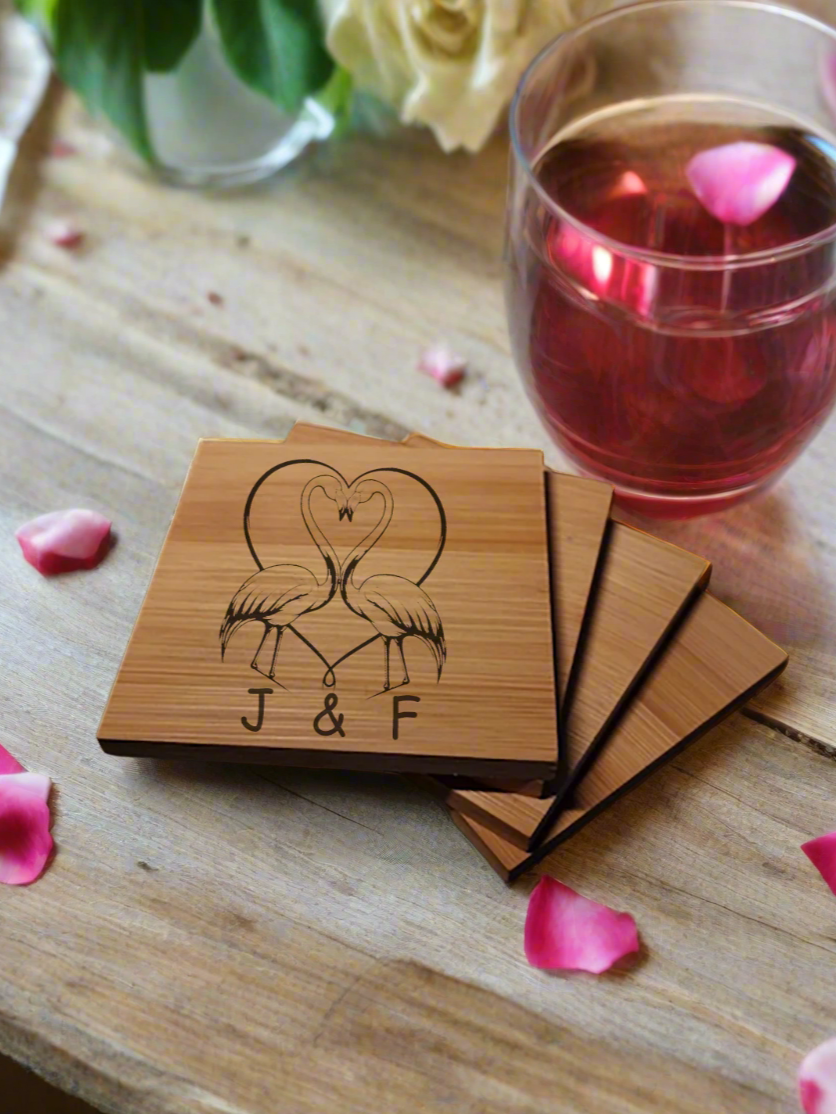 Personalised Flamingo Bamboo Coaster Gift Idea for Boyfriend / Girlfriend / Wife / Husband