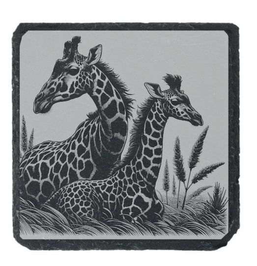 Pair of Giraffe Engraved Slate / Bamboo Coaster - Gift for Animal Lover