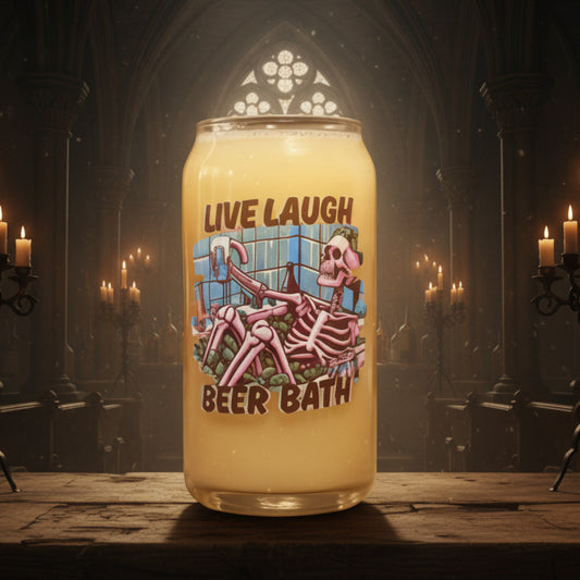 Can style glass 'Live Laugh Beer Bath' with a skeleton design on a wooden surface.