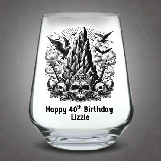 Clear glass with black skull design and text on a white background, option to add personalised text underneath the image