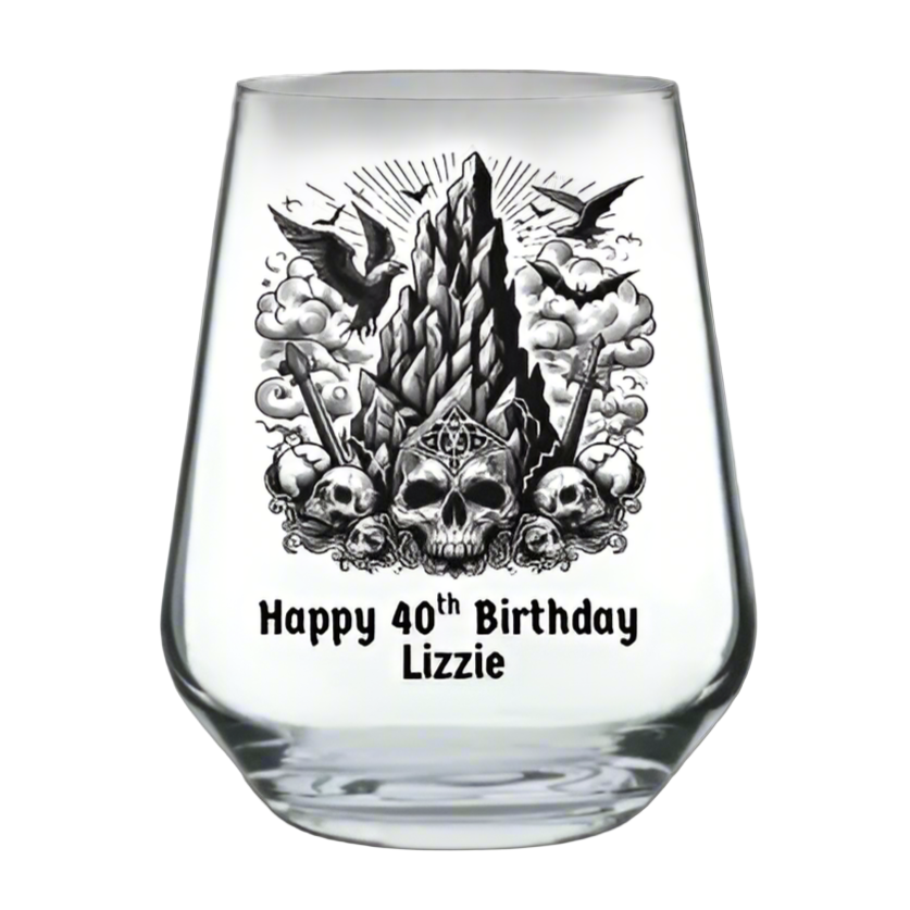 Clear glass with black skull design and text on a white background, option to add personalised text underneath the image
