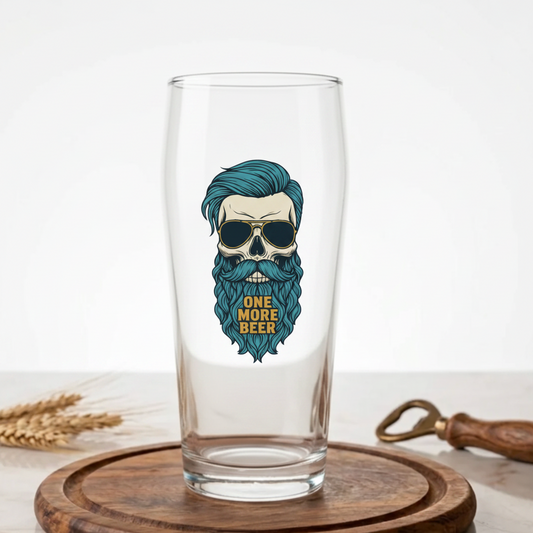 One More Beer Hipster Skull Glass | Custom Printed Beer Gift UK First Glass Designs