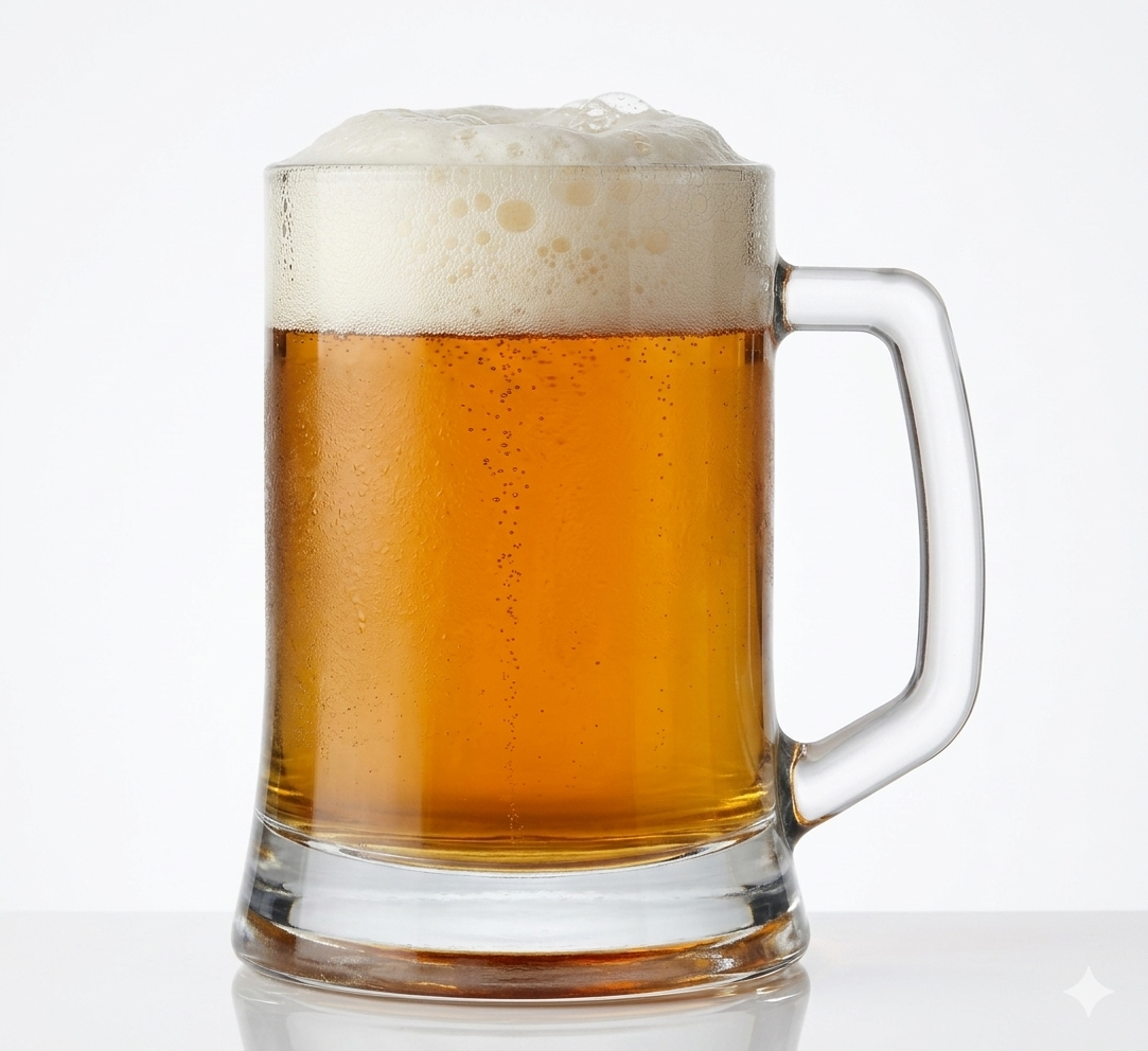 Close up of custom printed circular badge design on personalised 510ml handled beer tankard mug, upload your own design gift