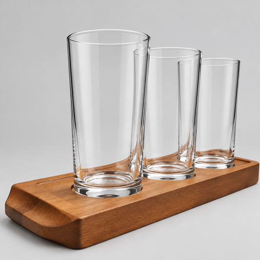 Close up of three custom printed personalised half pint glasses on wooden beer flight paddle, upload your own design gift