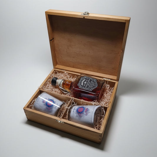 Open personalised police officer retirement gift box showing engraved wooden lid and whiskey glass inside