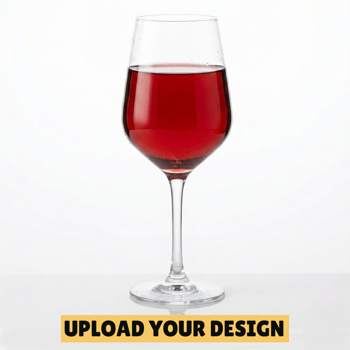 personalised classic stemmed wine glass with tulip bowl filled with red wine on white background, unique custom printed gift for her