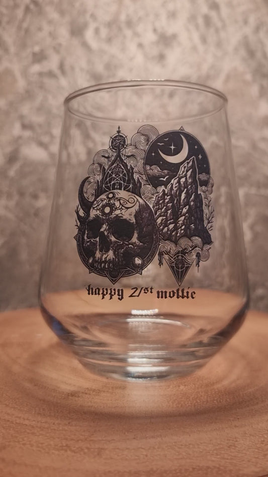 Gothic Sun & Moon Skull Glass, Featuring Bats & Eagles, Personalised Birthday Gift Idea For Goth Lovers, Whiskey, Beer, Cider Glass